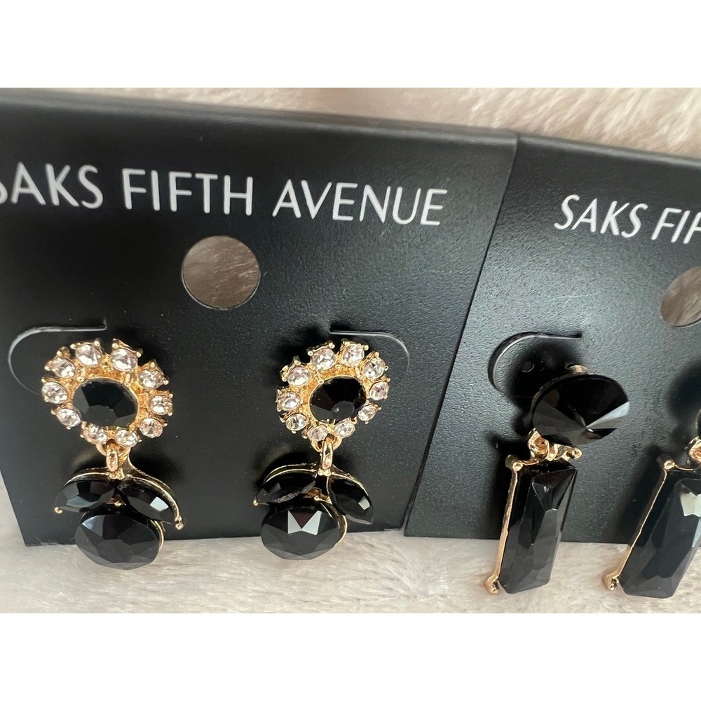Saks Fifth Avenue Earrings 2 Pair Black Gold Crystal Rhinestone NWT Glam Evening - Picture 6 of 13